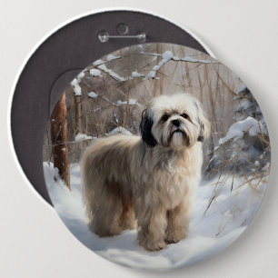 Badge Rond 15,2 Cm Lhassa Apso Laisse Neige Noël