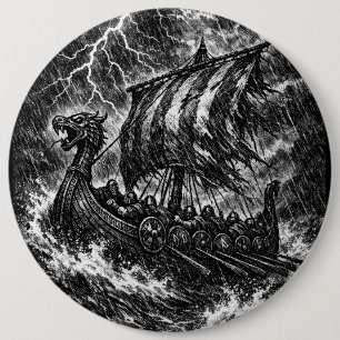 Badge Rond 15,2 Cm Longship Viking dans la Tempête — Ink Saga Art