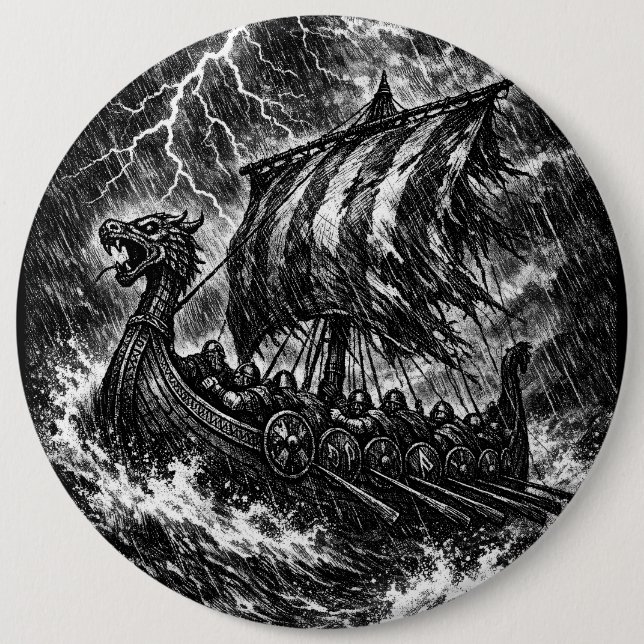 Badge Rond 15,2 Cm Longship Viking dans la Tempête — Ink Saga Art (Devant)