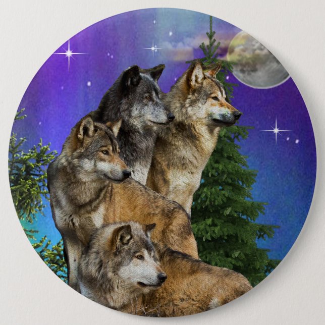 Badge Rond 15,2 Cm Loup et Lune (Devant)
