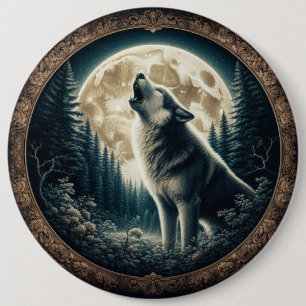 Badge Rond 15,2 Cm Loup vintage et lune classique