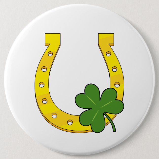 Badge Rond 15,2 Cm Lucky Golden Horseshoe avec Shamrock en blanc (Devant)