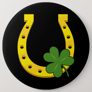 Badge Rond 15,2 Cm Lucky Golden Horseshoe avec Shamrock sur noir