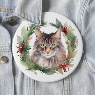 Badge Rond 15,2 Cm Maine Coon Chat Noël Wreath Festive Kitten