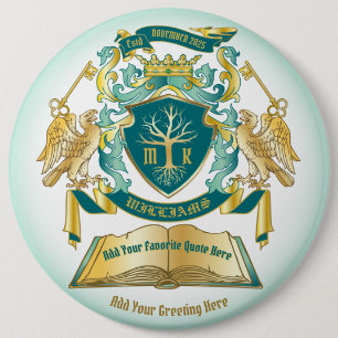 Badge Rond 15,2 Cm Make Your Own Emblem Tree Book Key Crown Gold Jade