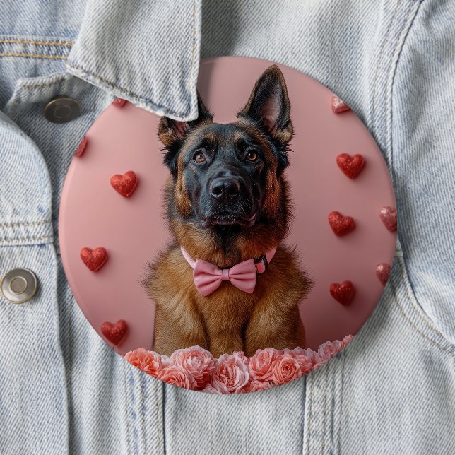 Badge Rond 15,2 Cm Malinois belge avec des roses - Saint-Valentin  (En situation)
