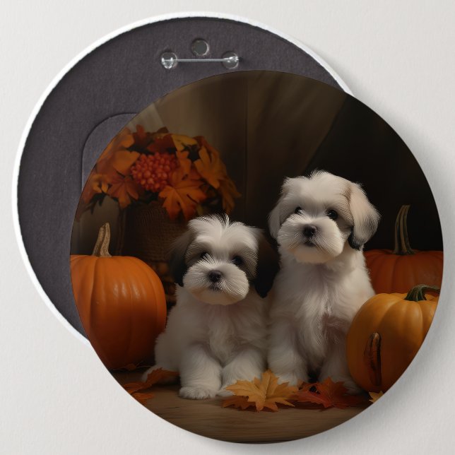 Badge Rond 15,2 Cm Malti tzu Puppy Citrouille d'automne (Devant & derrière)