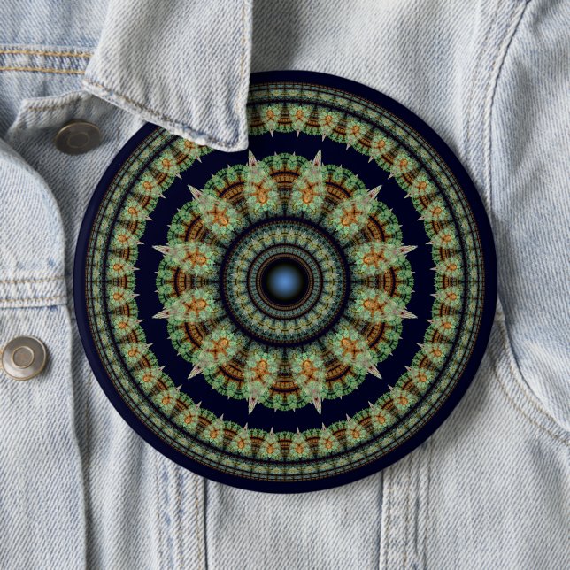 Badge Rond 15,2 Cm Mandala de fée fractale verte (En situation)