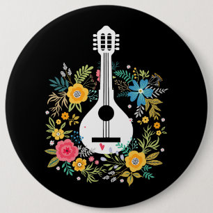 Badge Rond 15,2 Cm Mandolin Flowers Motif Player Chaîne Instruments