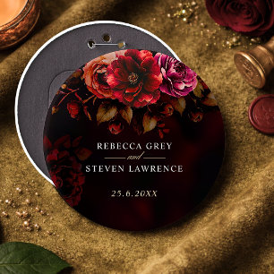 Badge Rond 15,2 Cm Mariage floral élégant rouge noir d'ambiance