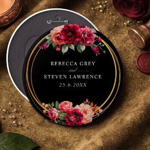Badge Rond 15,2 Cm Mariage romantique élégant floral rouge noir d'amb