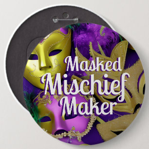Badge Rond 15,2 Cm Masques mardi Gras violet et or mascarade