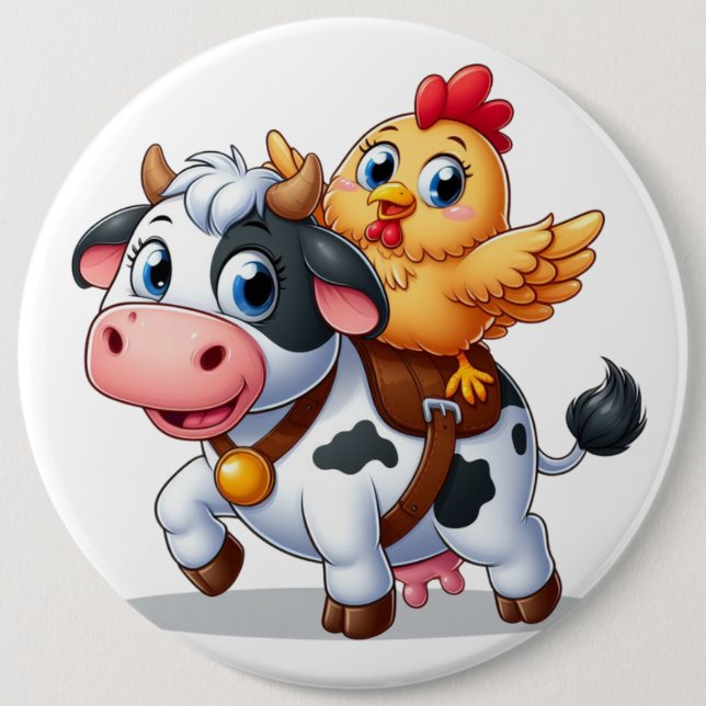 Badge Rond 15,2 Cm mignon vache/poulet caricature (Devant)