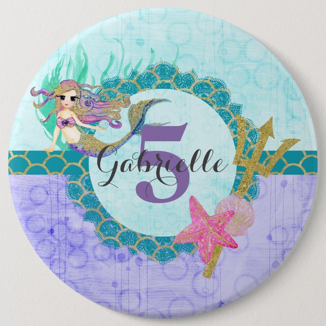 Badge Rond 15,2 Cm Mignonne Monogramme Âge Sirène Turquoise et violet (Devant)