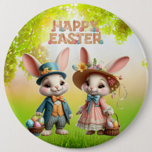 Badge Rond 15,2 Cm Mignonne, Whimsical Joyeuse Pâques avec 2 lapins