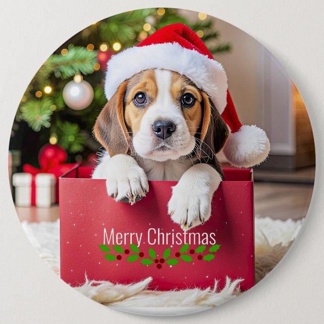 Badge Rond 15,2 Cm Modèle de Noël de chiot Beagle, (Devant)