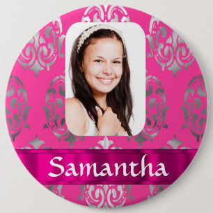 Badge Rond 15,2 Cm Modèle photo personnalisé damassé rose