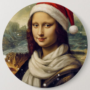 Badge Rond 15,2 Cm Mona Lisa avec un chapeau de Père Noël