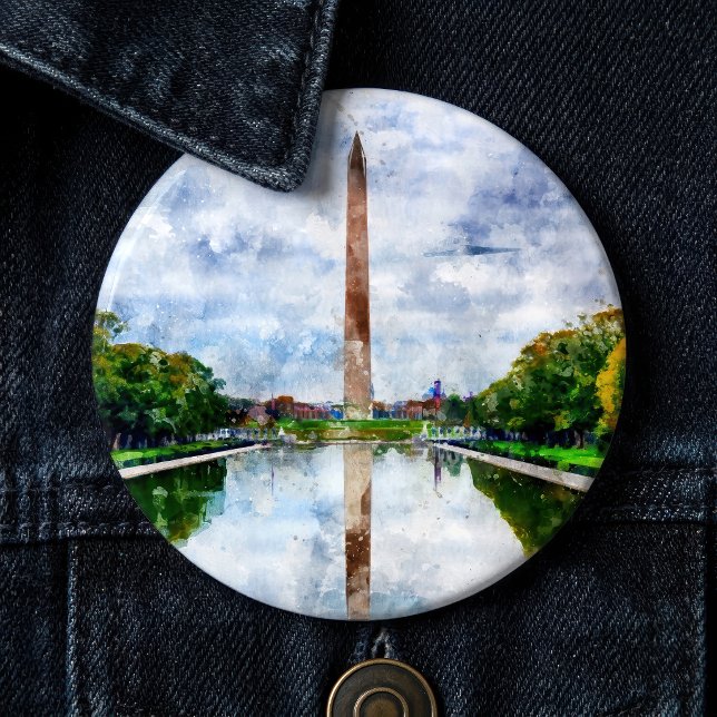 Badge Rond 15,2 Cm Monument de Washington aquarelle avec reflet (Washington Monument Watercolor with Reflection. Button)