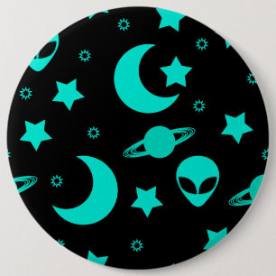 Badge Rond 15,2 Cm Motif d'alien turquoise avec étoiles et lunes