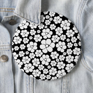 Badge Rond 15,2 Cm Motif Fleur rétro en blanc sur noir
