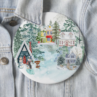 Badge Rond 15,2 Cm Neige avec fille et bonhomme de neige