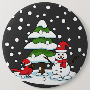 Badge Rond 15,2 Cm Neige tombant sur Cardinal, Snowman et Pine Tree