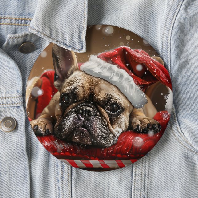 Badge Rond 15,2 Cm Noël Festif Bouledogue Français (En situation)