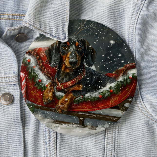 Badge Rond 15,2 Cm Noël Fête Chien Dachshund (En situation)