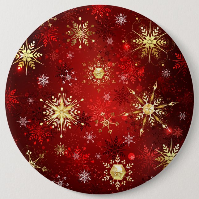 Badge Rond 15,2 Cm Noël Golden Snowflakes sur Arrière - plan rouge (Devant)