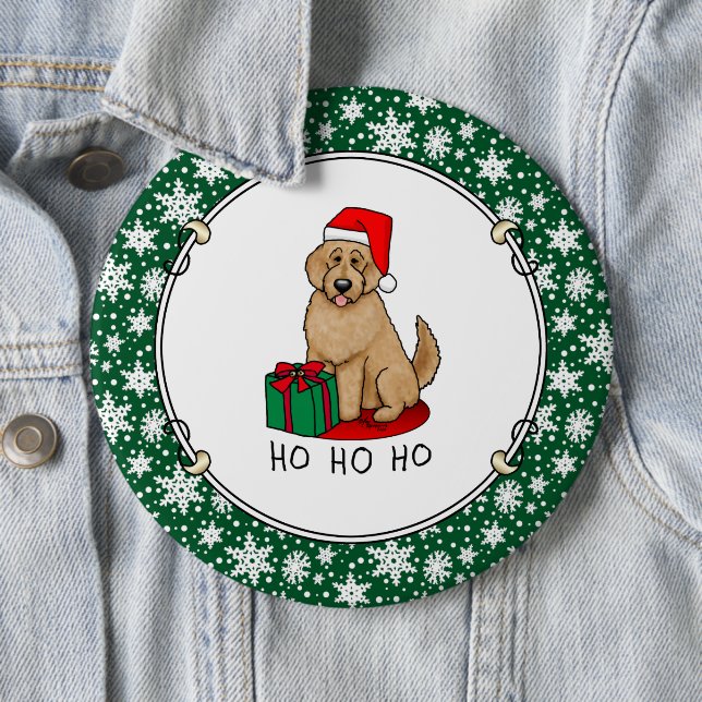 Badge Rond 15,2 Cm Noël Père Noël Goldendoodle (rouge or) Chien migno (En situation)