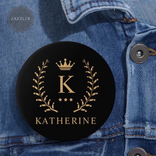 Badge Rond 15,2 Cm Nom de la Personnaliser et premier monogramme noir (Customize Name & Initial Black White Gold Monogram Button)