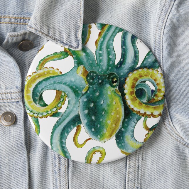 Badge Rond 15,2 Cm Octopus Green Tentacles Aquarelle Art (En situation)