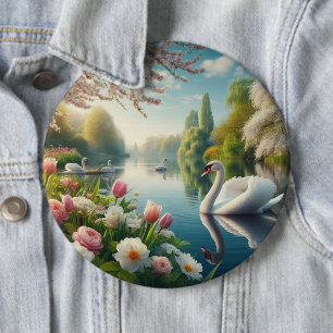 Badge Rond 15,2 Cm OEuvre d'art printanière du lac des cygnes floraux