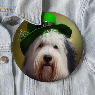 Badge Rond 15,2 Cm Old English Sheepdog en tenue de la Saint-Patrick