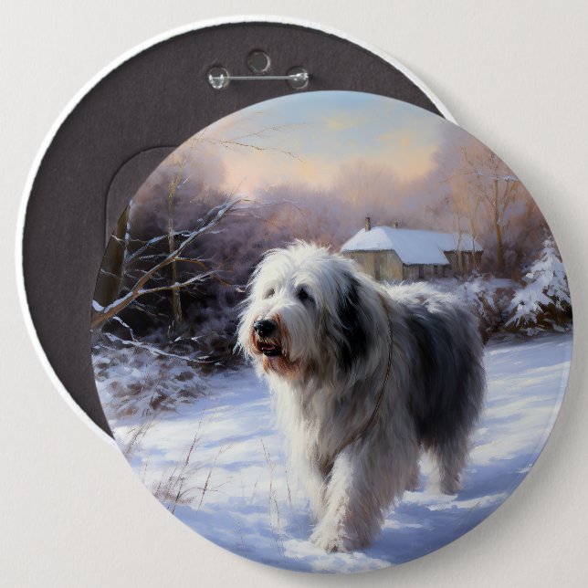 Badge Rond 15,2 Cm Old English Sheepdog Laisser neiger Noël (Devant & derrière)