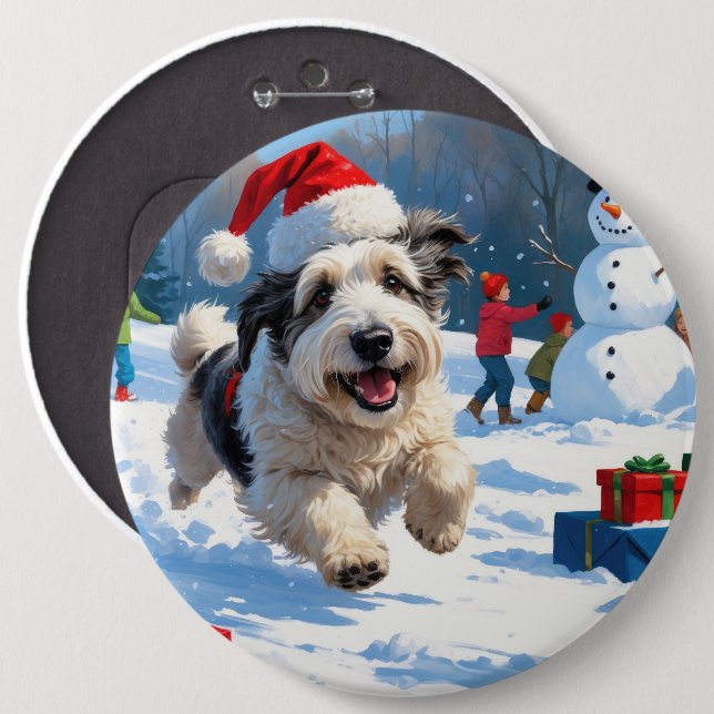Badge Rond 15,2 Cm Old English Sheepdog Running in Snow Christmas Cas (Devant & derrière)