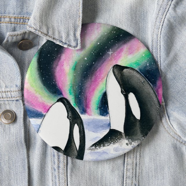 Badge Rond 15,2 Cm Orca Whales Galaxy Northern Lights Aquarelle (En situation)