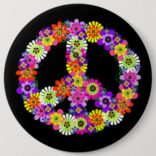 Badge Rond 15,2 Cm Panneau de paix Floral sur noir