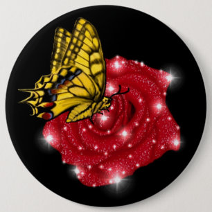 Badge Rond 15,2 Cm Papillon sur rose rouge avec étoiles et gouttes de