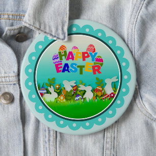 Badge Rond 15,2 Cm Pâques Joyeux Coloré – Lapin et Œufs Mignons