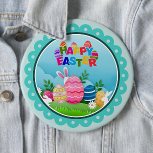 Badge Rond 15,2 Cm Pâques joyeux coloré – Lapin mignon et œufs