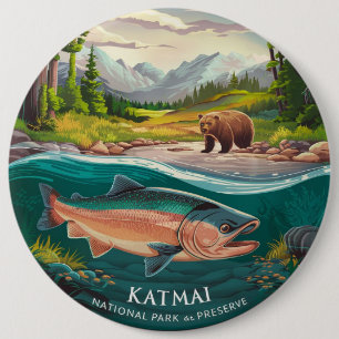 Badge Rond 15,2 Cm Parc national et réserve de Katmai Saumon et Ours