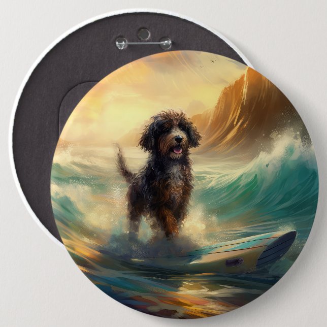 Badge Rond 15,2 Cm Peinture de surf à la plage de Bernedoodle (Devant & derrière)