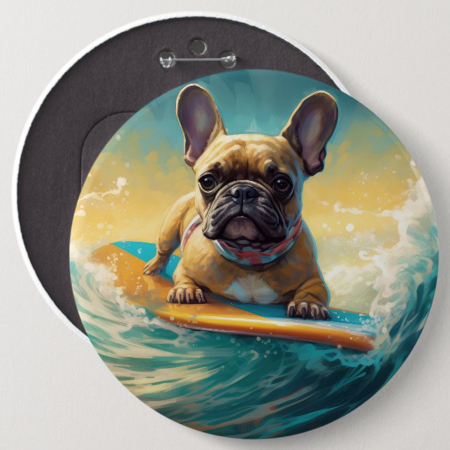 Badge Rond 15,2 Cm Peinture de Surf sur la Plage de Bouledogue França (Devant & derrière)
