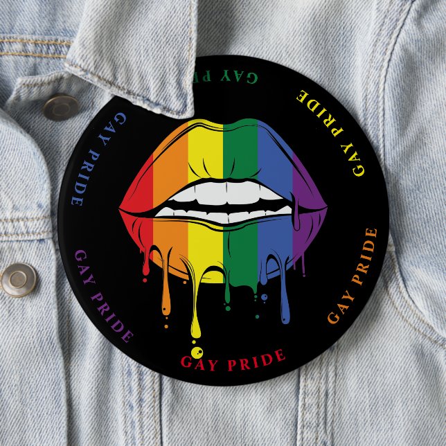 Badge Rond 15,2 Cm Peinture gay pride à goutte Rainbow Lips (En situation)
