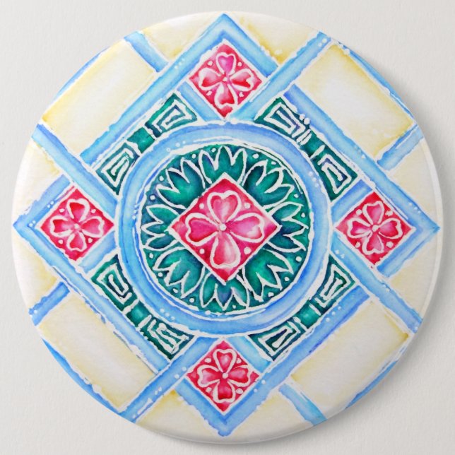Badge Rond 15,2 Cm Peranakan Carreaux géométriques Turquoise rond (Devant)