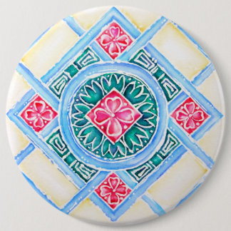 Badge Rond 15,2 Cm Peranakan Carreaux géométriques Turquoise rond