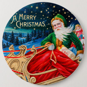 Badge Rond 15,2 Cm Père Noël vert vintage traîneau nuit étoilée Noël