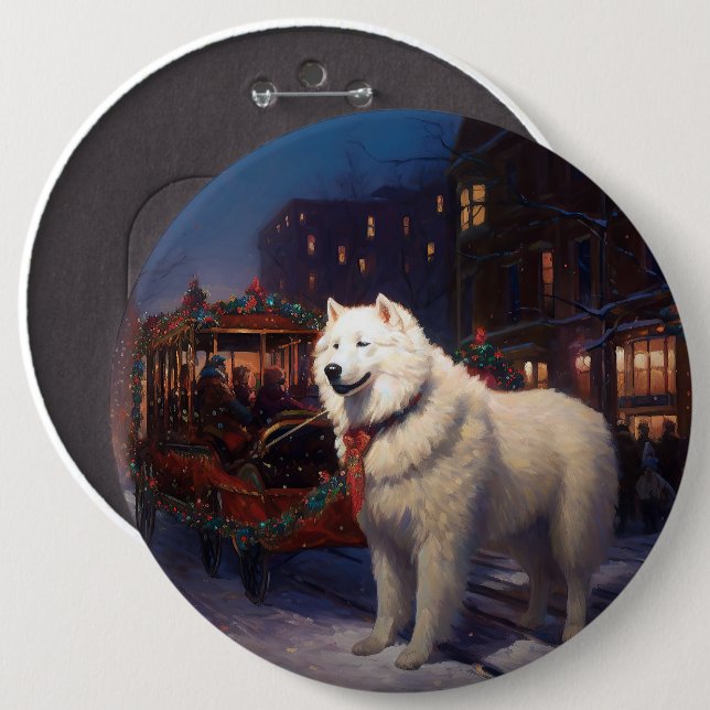 Badge Rond 15,2 Cm Période de fêtes de Noël Samoyède (Devant & derrière)